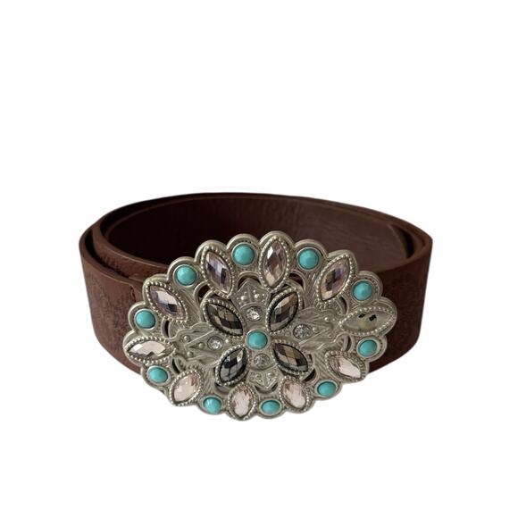 Unbranded Accessories - Western Belt Silver Bling Oval Buckle Brown Stamped Faux Leather Womens 33-35.5